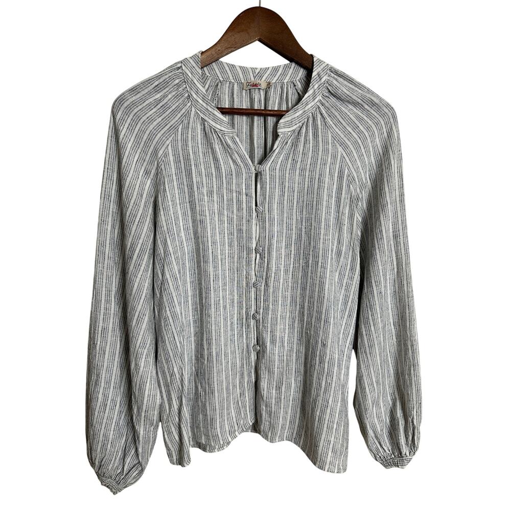 Faherty Naomi Top Peasant Striped Linen Blend Band Collar Boho size S